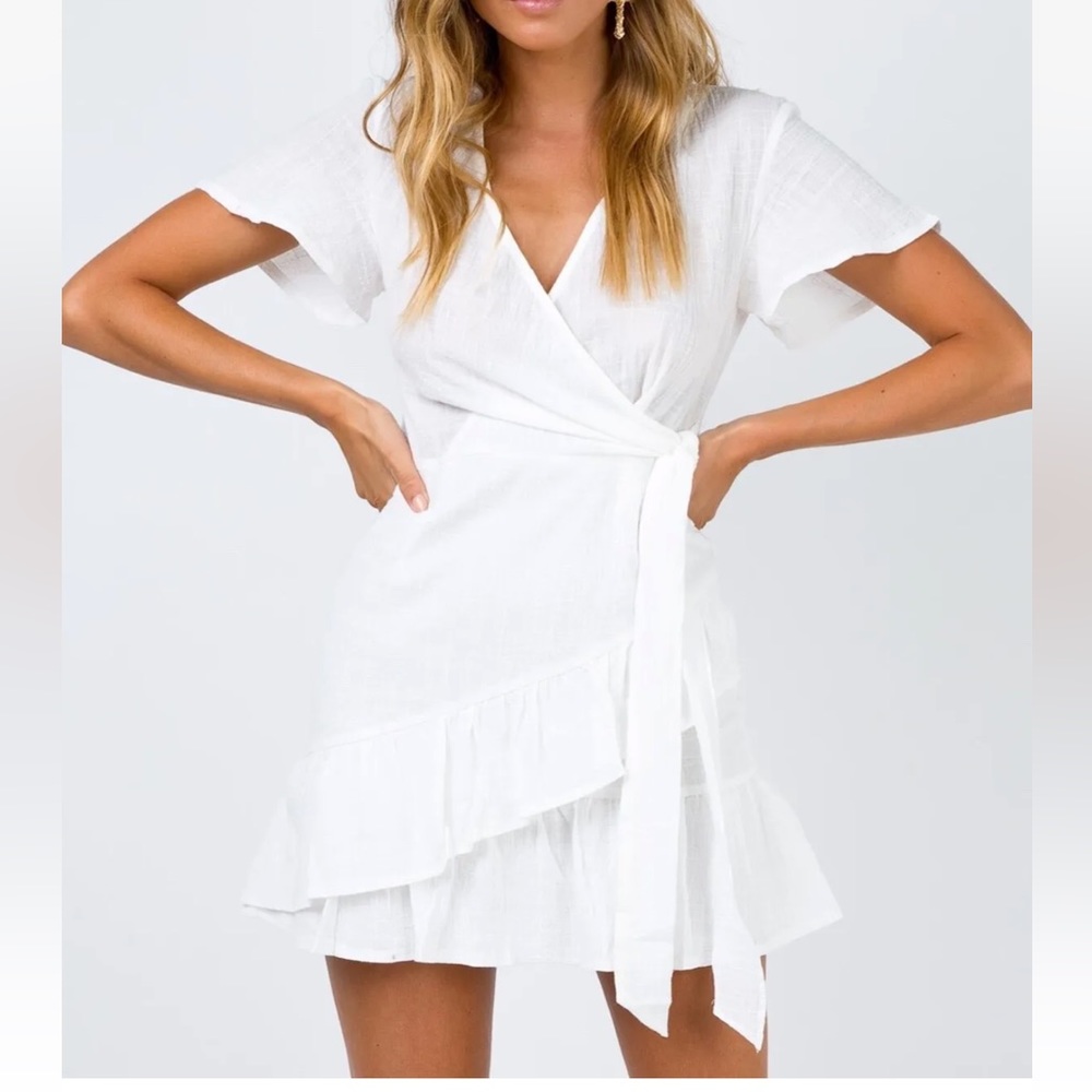 PRINCESS POLLY womens size 8 company for one white ruffled wrap tie waist dress